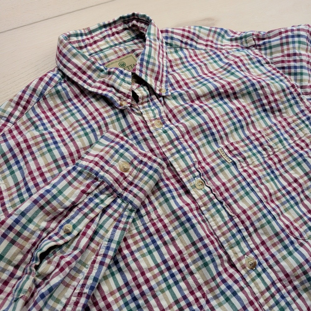 Beretta Shirt Mens M Red White Blue Check Plaid‎ Long Sleeve Button Down Casual